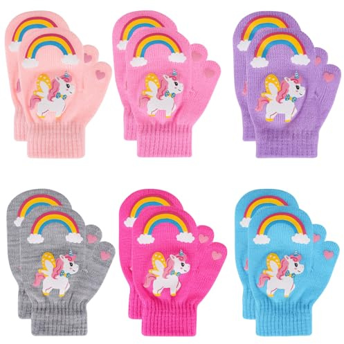 QKURT 6 Pairs Toddler Girls Mittens Winter Warm Knit Gloves Magic Stretch Rainbow Unicorn Gloves for Baby Kids 1-4 Years Old
