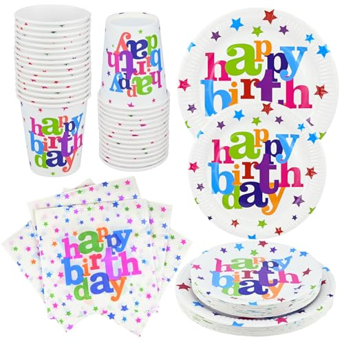 130 PCS Rainbow Birthday Party Tableware Set, 60 Birthday Plates (2 Sizes), 30 Cups and 40 Napkins, Colourful Paper Tableware for Boys & Girls, BirthdayParty Supplies Decorations for 30 Guests