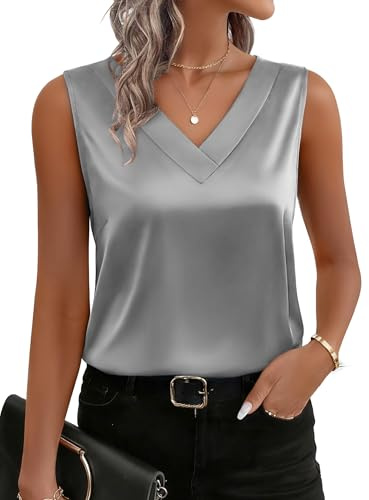Zeagoo Womens Blouses Silk Satin Tank Tops V Neck Casual Sleeveless Tops | Elegant Camisole, Spring Fashion Grey, Light Coffee Tops, Satin Blouses, Business Casual Outfits, Trendy Summer Clothes