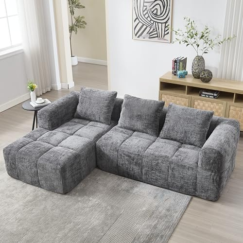 ZIDEY Modulares L-förmiges Ecksofa mit Schlaffunktion, 3-Sitzer-Sofa, Schlafsofa mit Chaiselongue&Armlehnen&3 Kissen, Sektionssofa Für Wohnzimmer & Schlafzimmer, Grau