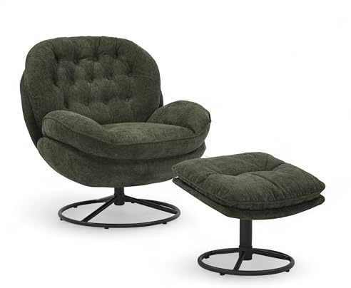 AZURA Plush Woven Fabric Swivel Cuddle Chair & Footstool Set – Elegant Buttoned Green Swivel Armchair with 360° Rotation & Metal Base, Reading Nursing & Accent Chair for Living Room, Bedroom,Office