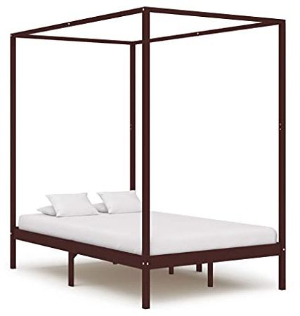 Kaloriko Himmelbett-Gestell Dunkelbraun, Massivholz Kiefer, 120 x 200 cm, Robustes Bettrahmen für Schlafzimmer, Elegantes Plattformbett für erholsamen Schlaf