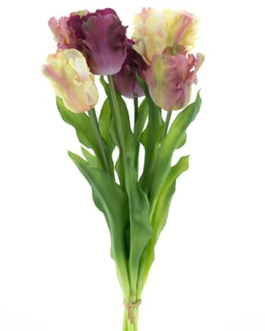 mucplants Künstliches Tulpenbündel Parrot 52cm, Real-Touch Tulpenstrauß mit 6 Tulpen, Ostern Dekoration (Rot-Combo)