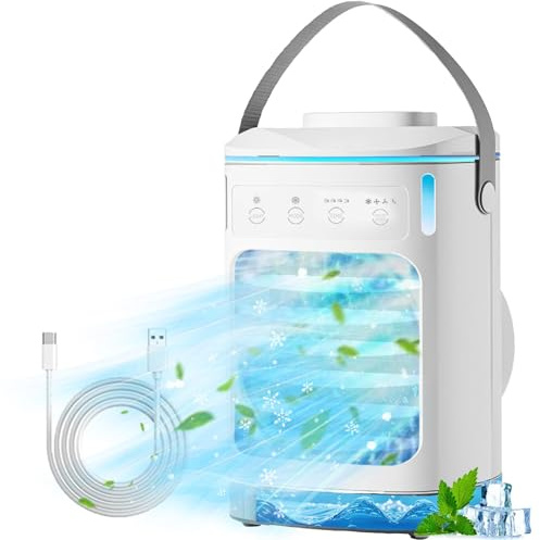Aire acondicionado portátil, enfriador evaporativo con 3 velocidades, temporizador de 2/4/6/8 horas, mini aire acondicionado móvil con doble niebla y caja de hielo para el hogar y la oficina