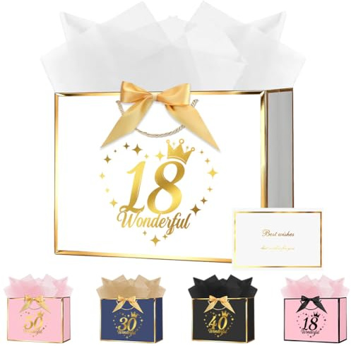 OFFCUP Presentpåse födelsedag 18, födelsedagspapper med 3 sidenpapper och gratulationskort, presentpåsar med handtag presentpåsar vitt guld papperspåsar för kvinnor flickor (28 × 20 × 10 cm)