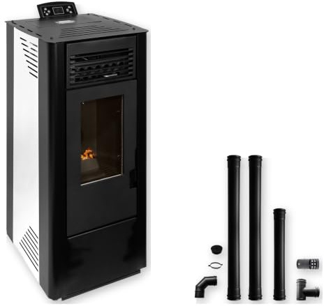 EIDER BIOMASA Estufa de Pellets SIRIO 11 – 11,09 kW – Rendimiento 92% – Hasta 255 m³ – Tolva 15 kg – Programable WiFi – Encendido Rápido – Clase A++ + Kit Tubos Chimenea Ø80 mm — Pack Instalación Comp