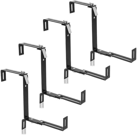 PANGBOER Juego de 4 soportes para jardineras de jardín, balcón, barandilla de metal, guía de ajuste verificada y guía de profundidad de caja, soportes de flores para balcón, abrazadera de soporte