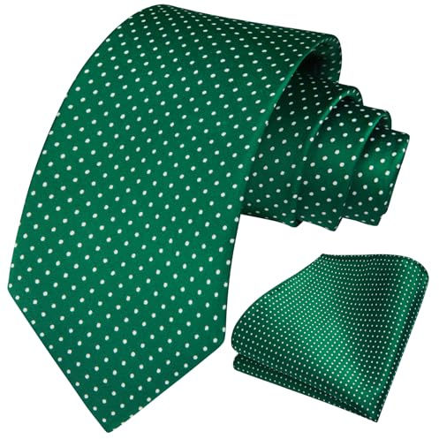 HISDERN Cravate Homme Vert à Pois Cravates et Pochette Mariage Dot Ensemble de Cravate Mouchoir