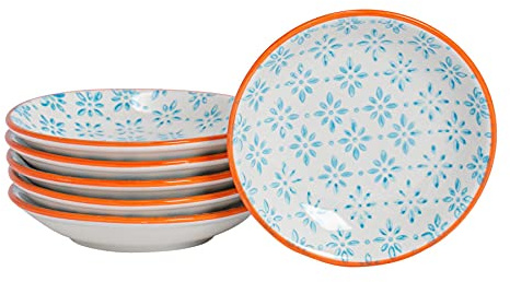 Nicola Spring Hand Printed Sauce Dishes - 10cm - Blue - Pack of 6 - Vintage Stoneware Dipping Bowls for Soy Sauce, Condiments, Chutney, Seasoning, Sushi, Tapas & Appetisers