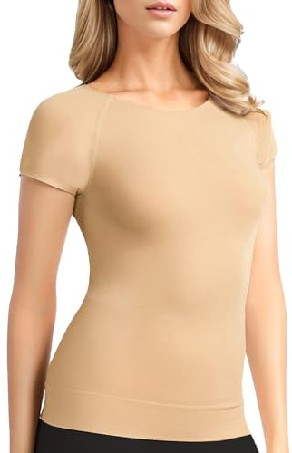 +MD Women's Seamless T-Shirt Scoop Neck Short Sleeve Comfort Light Compression Shapewear Undershirt Pyjamas Nude