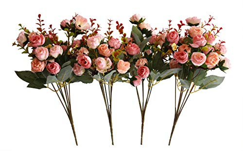 INMING 7 Branch 21 Heads Artificial Flowers Mini Rose Bouquet Silk Rose Bouquet Wedding Home Office Floral Decor Pack of 4 （Pink）