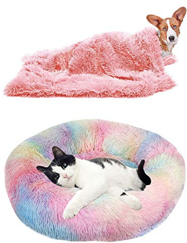 YiCTe Katzenbett Nettes Hundebett Waschbares Haustierbett Kissen Donut Hundebett Extra weich Bequem und geeignet für Katzen und kleine mittelgroße große Hunde (50 cm Durchmesser),Tie-Dye-Regenbogen