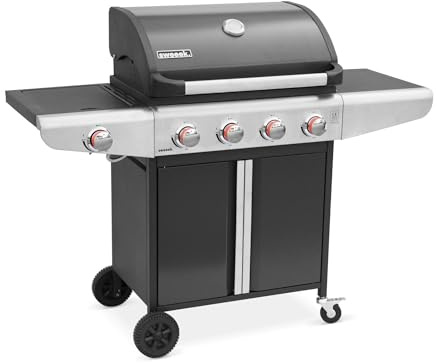 Alice's Garden - Barbecue au gaz - Bazin Gris anthracite - Cuisine extérieure 5 brûleurs dont 1 feu latéral avec tablettes et thermomètre. rangement. roues