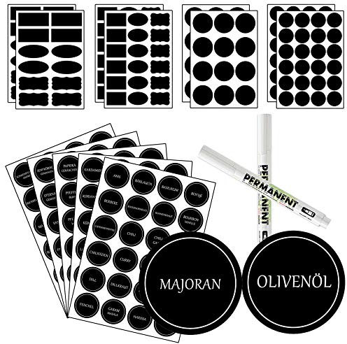 COOLUCK 252 Gewürzetiketten Selbstklebend mit 2 Stiften - Schwarze Etiketten, Rund Aufkleber zum Beschriften, Küche Etiketten werden