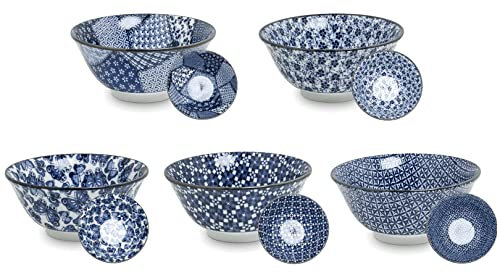 AAF Nommel®, Matcha - Reisschalen 5-er Set Japan Porzellan blau Weiss Blumen, Nr. 087