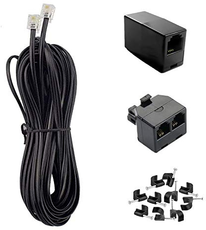KINXIYU Phone Cord 50FT, Landline Telephone Cable with RJ11 Plug, Includes Telephone Inline Coupler RJ11 Splitter and 20pcs Cable Clips(Black)