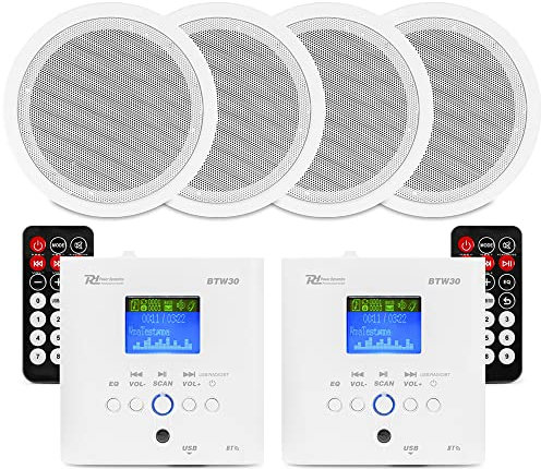 Power Dynamics 2-Room Bluetooth Ceiling Speaker Kit - Home Audio System with 4x 5-Inch In-Ceiling Speakers & 2x BTW30 Wall Amplifiers, FM Radio, USB Playback