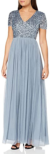 Damen Ballkleid Abendkleid V-Ausschnitt Maxi Länge Pailletten Kurze Ärmel für Hochzeit Geburtstag Brautjungfer