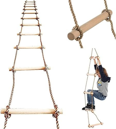 Baumklettern Strickleiter 2 m - Leiterseil zum Klettern im Freien oder im Innenbereich - Holzleiter für Spielplatz und Schwedische Wand - Kletterseil 2 meter - Seilleiter für Kinder - Kletterspielzeug