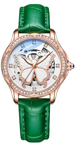 RORIOS Damen Uhren Leuchtend Skelett Armbanduhren Automatische Mechanische Uhren Lederband