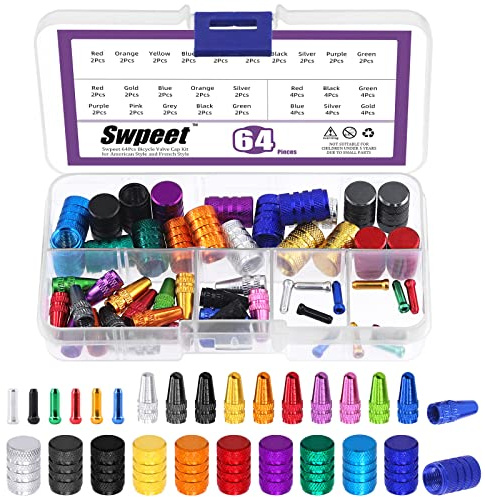 Swpeet Kit assortimento 64 pezzi 3 stili cappucci terminali cavo bici, cappucci valvola adattatore in lega di alluminio anodizzato multicolore cappucci pneumatici bicicletta