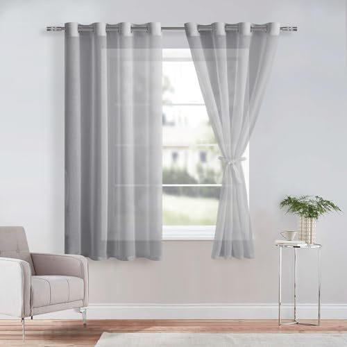 DWCN Net Curtains for Windows Semi Transparent Grey Sheer Voile Curtain | W52 x L63, Tie Backs for Curtains Eyelet Grommet Curtain Elegant Window Drapes for Bedroom and Living Room, Kitchen, 2 Panels
