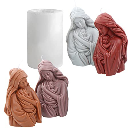 JS MOLD 3D Jungfru Maria ljusform i silikon, jungfru Maria mamma kram-babyform, handgjord aromljusform, epoxihartsformar, gjutform för ljus, staty, hantverk ornament