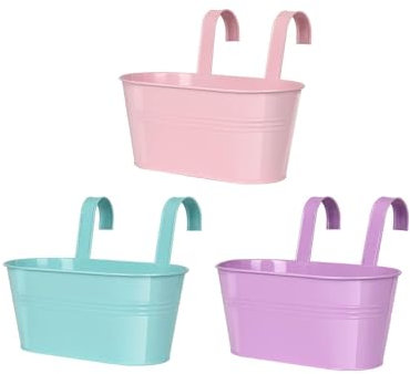 Railing planter box - 3 Pack Metal Hanging Flower Pots with Detachable Hooks & Drainage Holes, Window Oval Bucket Fence Hanging Planters for Outdoor Plants Garden Balcony Home Decor, Purple Pink Blue