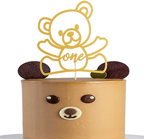 Bear One Birthday Cake Topper - Gold Glitter Bear Fist Birthday Party Decoration, Lumberjack Rustic Hunter Woodland Camping Wild Bear Themed 1st Birthday Party Decoration, One Teddy Bear Cake Topper