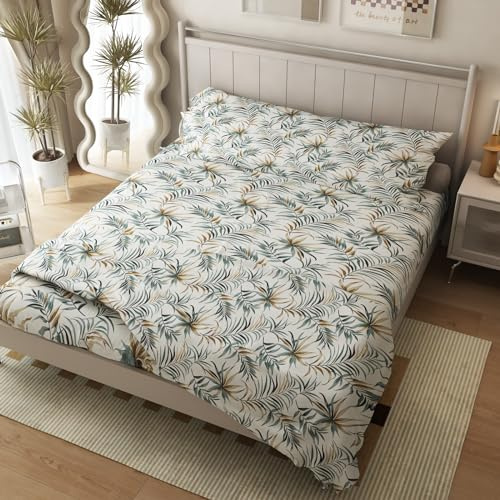 Nuevo Juego Sábanas de Cama Estampada 3 Piezas,En Verano para Cama 90/135/150,Incluye 1sabana Bajera Ajustable, 1 Encimera, 1 Funda de Almohada. (90x200 Cama 90, Hojas de Sauce)