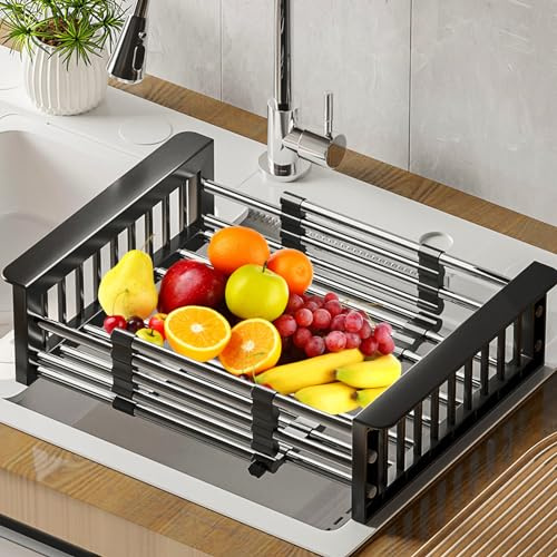 Tuzsocr Scolapasta estensibile da mettere sopra il lavello, scolapasta in acciaio inox, scolapiatti con cestello per posate, utilizzato per lavello da cucina o per scolare frutta e verdura (nero)