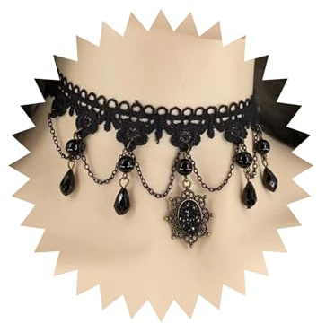 MIQIQAO Schwarze Spitze-Choker-Halskette, schwarzer Perlen-Anhänger, Chock, Gothic-Tattoo-Choker, hohle florale Halskette, Kettenschmuck für Frauen und Mädchen (LaceDroppearlDE)