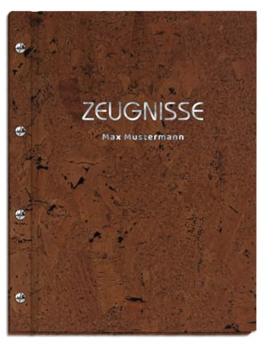 Personalisierte Zeugnismappe mit eigenem Namen – Dunkle Korkmappe mit 12 Sichthüllen – Handgefertigte Mappe für Zeugnisse und Urkunden