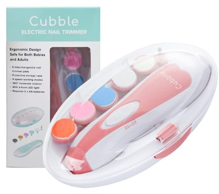 Cubble Juego de cortaúñas eléctrico para bebé con luces LED, apto a partir de 0 m, 6 almohadillas para cortar uñas incluidas, 4 modos de trabajo de velocidad (rosa)