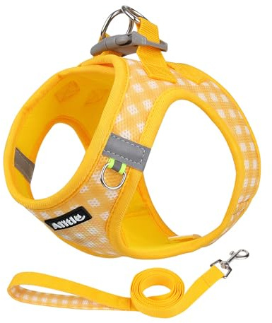 AIITLE Step-in-Hundegeschirr Set verstellbar reflektierend, Gelb M | Reflektorstreifen, atmungsaktiv, Karomuster, für Welpen & Katzen, Training, Spazieren, Laufen, Leine inklusive