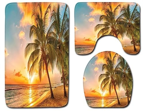 Bad Teppiche Set 3-Teiliges Orange Sonnenuntergang WC Vorleger Mit Ausschnitt Badematte Saugfähig WC Deckelbezug Badvorleger rutschfest Waschbar Toilettensitzbezug Badgarnitur (45x75cm)