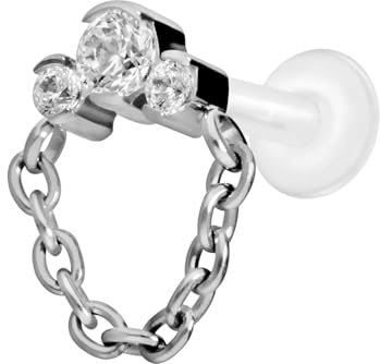 PIERCINGLINE PTFE Labret mit Gewinde + Titan-Aufsatz 3 EINGEFASSTE KRISTALLE + KETTE Piercing Nase Ohr Silberfarben 1,2 x 8 mm