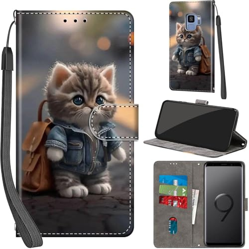 Handyhülle für Samsung Galaxy S9 Hülle PU Leder Schutzhülle Klappbar mit Kartenfach Ständer Handytasche mit Kameraschutz Flip Case Klapphülle für Samsung S9, Katze