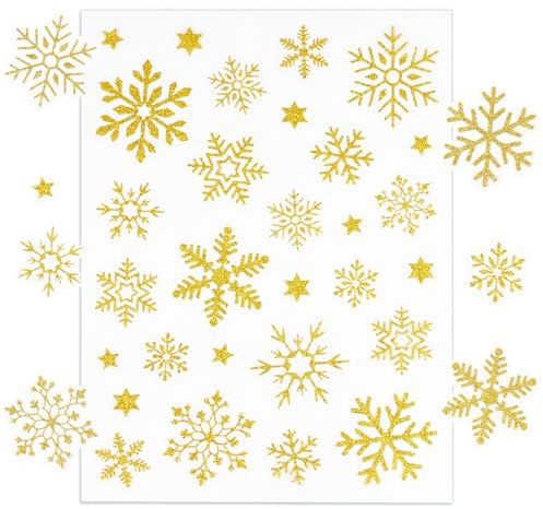 BETESSIN Aufkleber Weihnachten - 140 Stück Schneeflocken Aufkleber Gold-Glitzer - Schneeflocken Deko Weihnachten - Selbstklebende Weihnachtssticker für Scrapbooking und Weihnachtsdeko zum Basteln