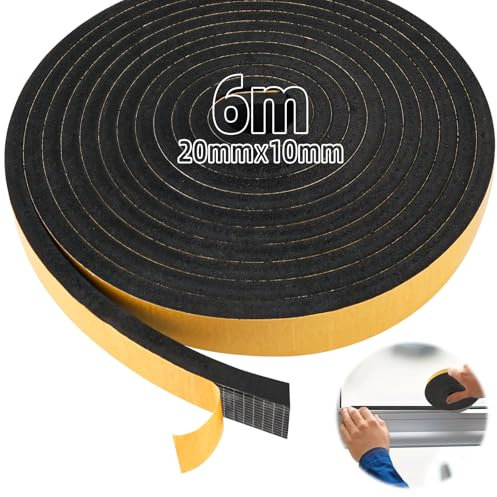 Sophisticate Nastro Autoadesivo in Schiuma Guarnizione in Gomma per Porte e Finestre, 20mm x 10mm, Schiuma Nastro Paraspifferi Porta Anti-Collisione, Isolamento Acustico, Lunghezza Totale 6m, Nero
