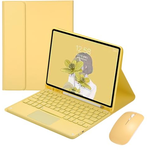 Funda Teclado con Touchpad para iPad 10,2 Pulgadas 9ª/8ª/7ª Generación, iPad Pro 10.5 2017/Air 3 2019, Teclado Inalámbrico Bluetooth Español Ñ QWERTY con Ratón Recargable y Portalápices, Amarillo-B