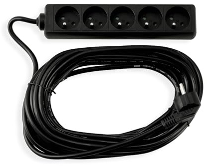 Steckdosenleiste mit 10 m Kabel – 5 Steckdosen mit Erdung – Schwarz – 230V Kabel – Schuko-Stecker – MAX 3680W – Robuste Mehrfachsteckdose für Zuhause und Büro – Für Haushaltsgeräte und Elektronik