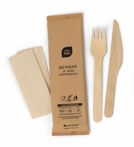 ThinkBio® BIS POSATE BIO IN LEGNO CERATO DA 16cm IMBUSTATO SINGOLARMENTE IN CARTA CON TOVAGLIOLO BIO COMPOSTABILE ED ECOSOTENIBILE - 1 cartone da 500 bustine