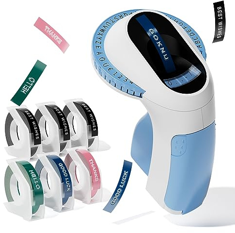 Goknu Máquina de repujado retro autoadhesiva E975, máquina de estampado de etiquetas con 6 cintas en relieve, máquina de etiquetado 3D, para casa, escuela, cocina y bricolaje (azul)