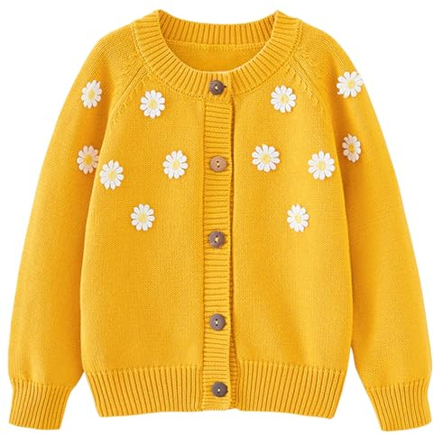 Maeau Gilet Pull Enfant Fille 3 4 Ans Cardigan en Tricot Manches Longues Bébé Petite Manteau Tricoté Col Rond Jaune Veste de Ballet Danse Classique Chandail Bouton Coton Pulls Scolaire Fleurs 100
