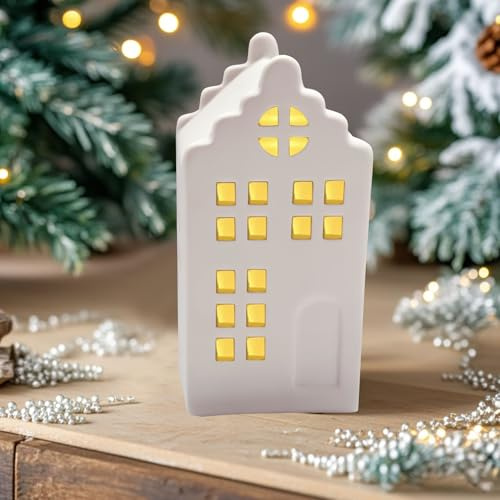 Nexoria Weihnachtsdeko Keramik Lichthäuser, Weihnachtsdorf mit Beleuchtet LED Weihnachtshäuser Porzellan Lichterhaus Weiß Windlicht Haus Weihnachtshäuser für Weihnachtsdeko Innen (A)