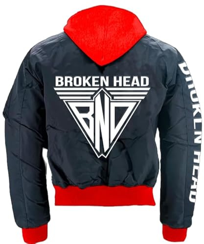 Broken Head Bomberjacke BND Logo Mit Abnehmbarer Kapuze - Fliegerjacke - Freizeit-Jacke - Hoodie (DE/NL/SE/PL, Alphanumerisch, XL, Regular, Regular, Schwarz-Rot)