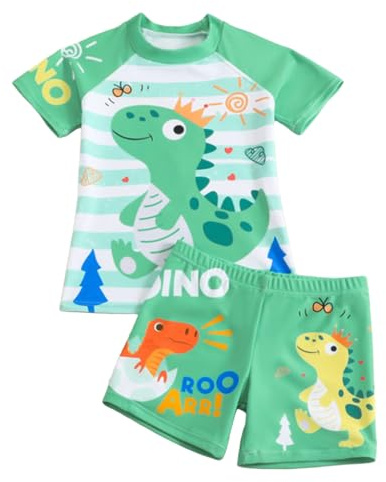 YAGATA Kinder Jungen Badeanzug Bademode Jungen Uv-Schutz Bade-Set Dinosaurier Badeshorts Badebekleidung Grüner Hai 5-6 Jahre 130