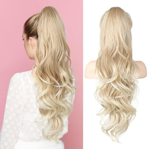FLUFYMOOZ Ponytail Extension, 66cm Pferdeschwanzverlängerung lange, gewellte, lockige Klauen Clip in Pferdeschwanz Haarverlängerung, synthetisches Haarteil für Frauen-Blond bis Hellblond