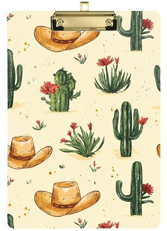 Klemmbrett aus Acryl, Western-Cowboy-Boho-Kaktus, Gelb, A4, 31,8 x 22,9 cm, Kunst-Klemmbrett mit niedrigem Profil-Clip für LKW-Fahrer, Outdoor-Skizzieren